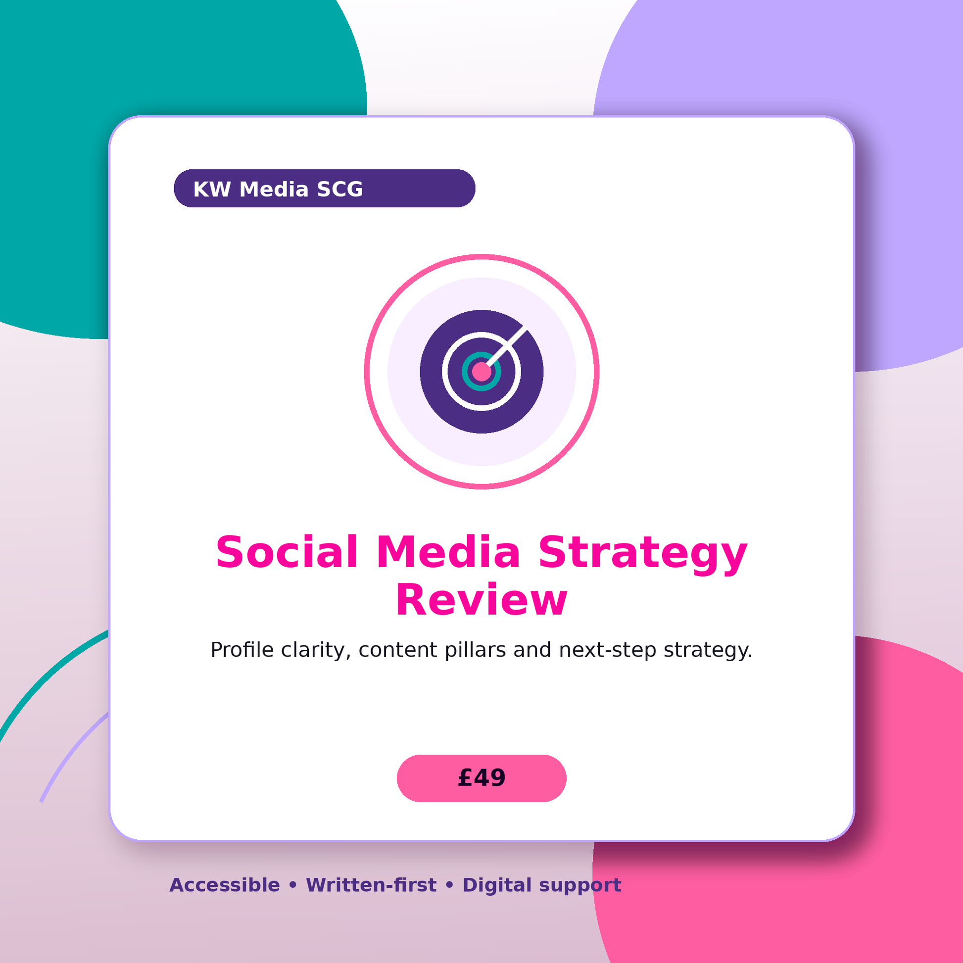 Promotional graphic for a social media strategy review service with a colorful background.