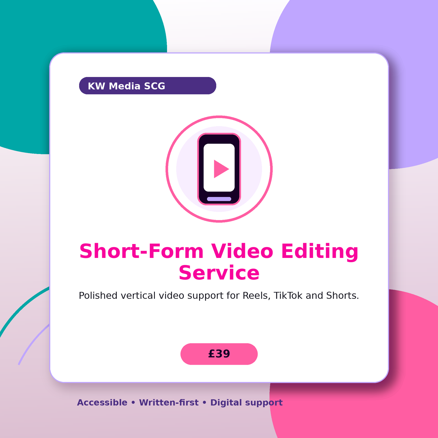 Promotional graphic for short-form video editing service with a play icon and pricing information.