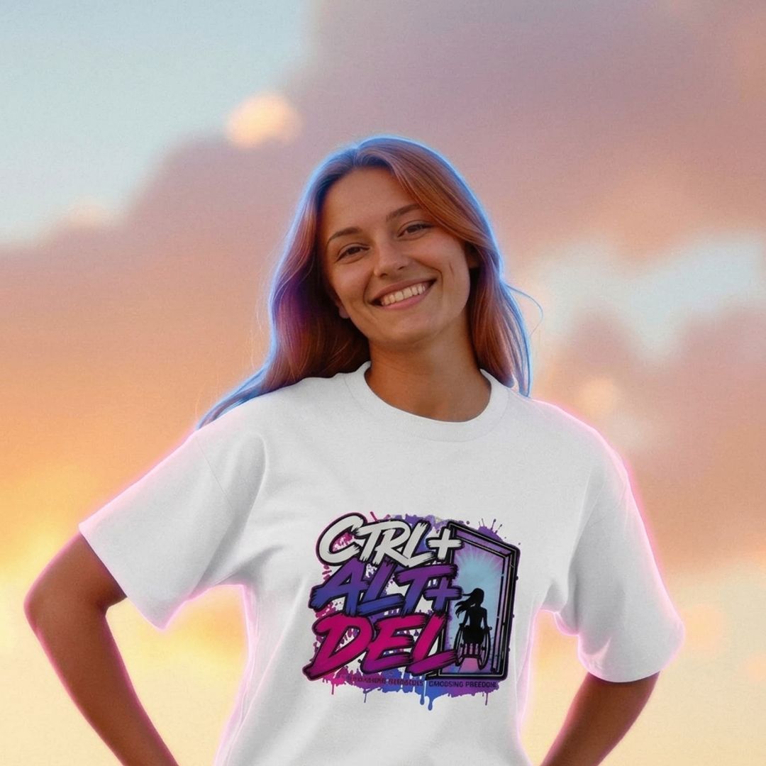 DJ Kat Ctrl + Alt + Del oversized organic T-shirt – white lifestyle mockup